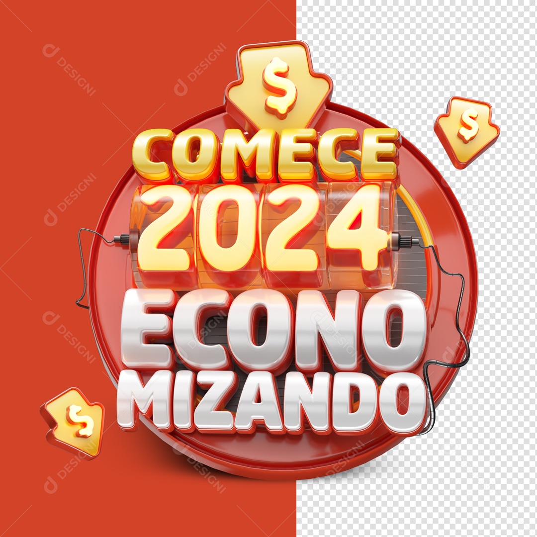 Selo 3D Comece 2024 Economizando Para Composição PSD