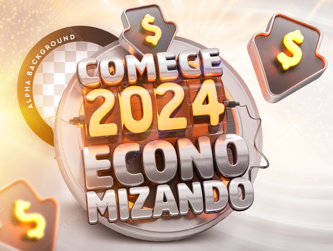 Selo 3D Comece 2024 Economizando Para Composição PSD