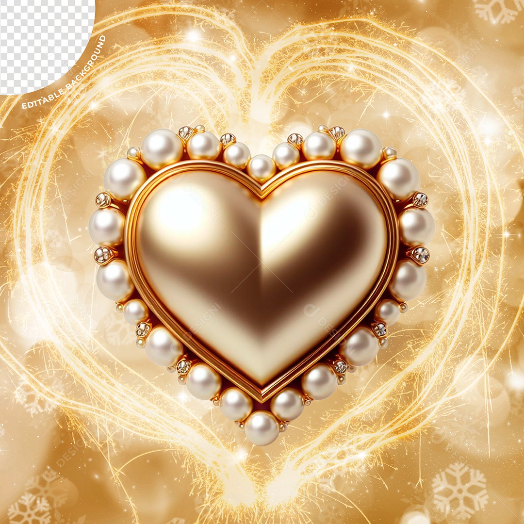 Elemento 3D Coração Dourado Com Pérolas Para Composição PSD