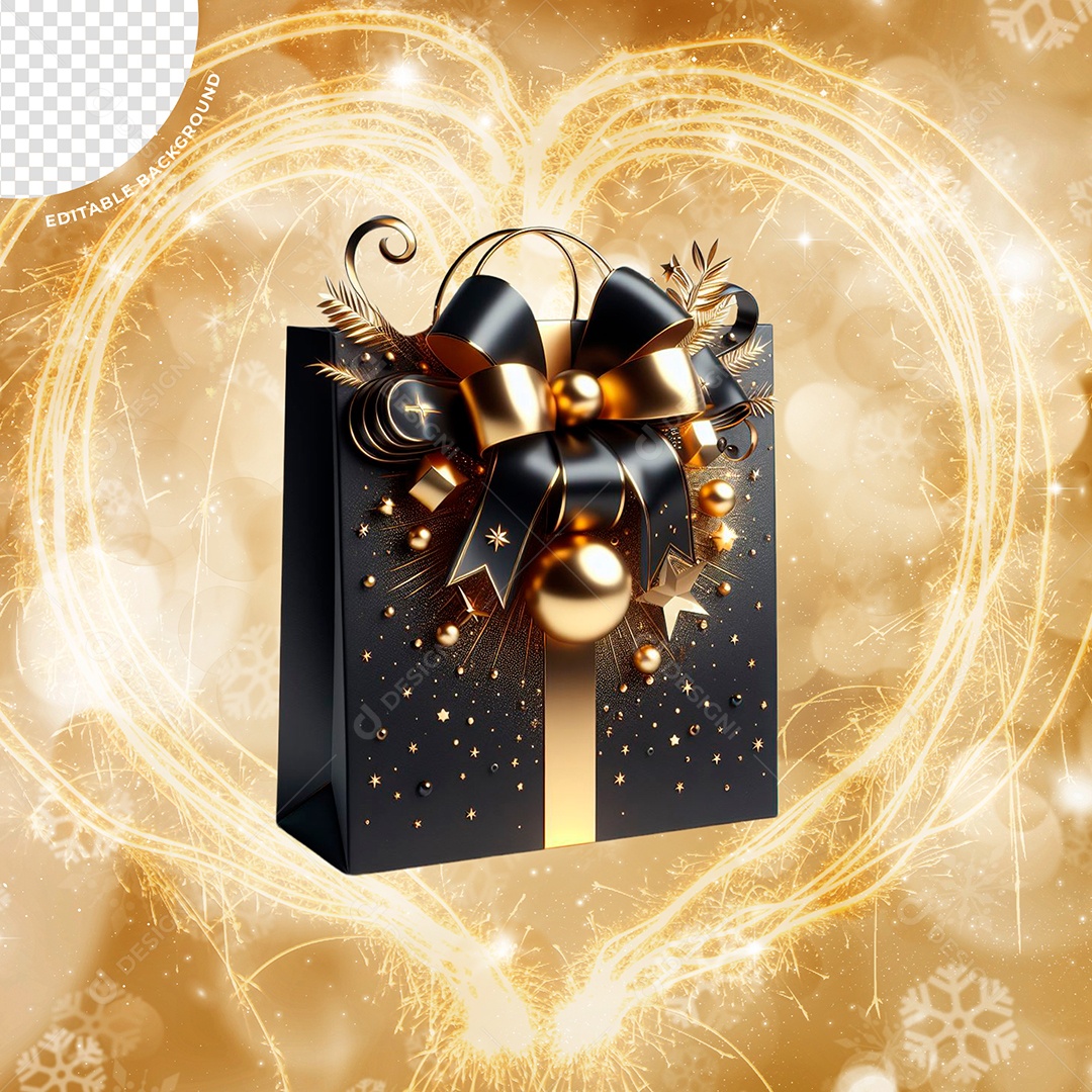 Sacola De Presentes Preta e Dourada Elemento 3D Para Composição PSD