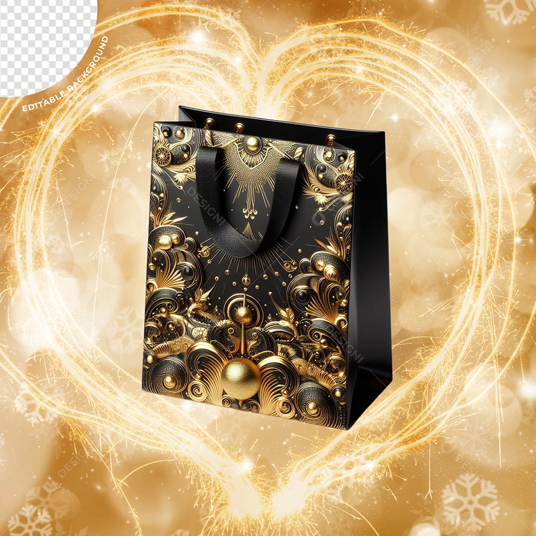 Sacola De Presente Preta e Dourada Elemento 3D Para Composição PSD