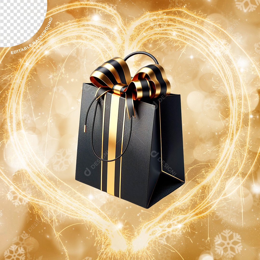 Elemento 3D Sacola De Presente Preta e Dourada Para Composição PSD