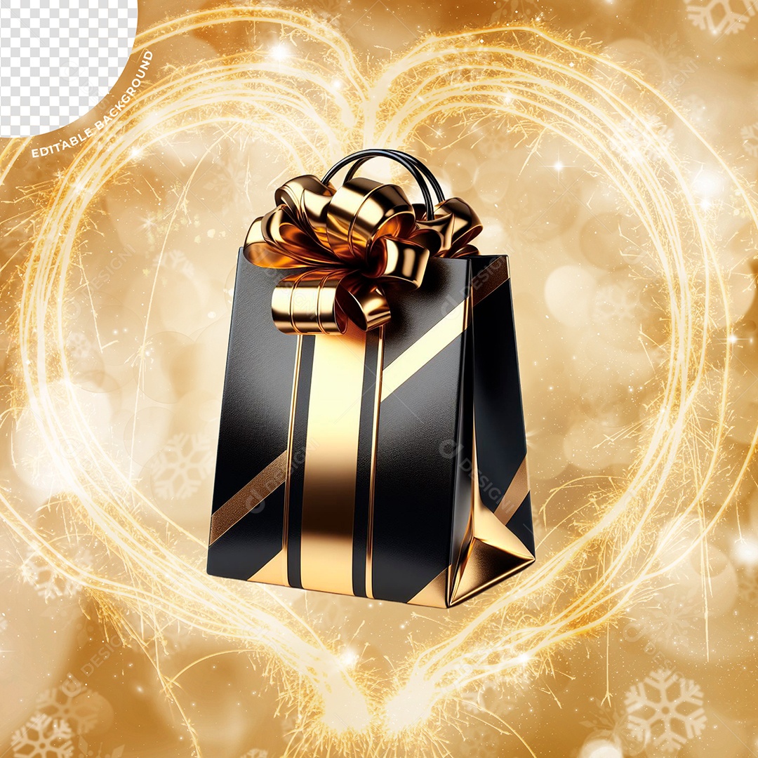 Sacola De Presente Preta e Dourada Elemento 3D Para Composição PSD