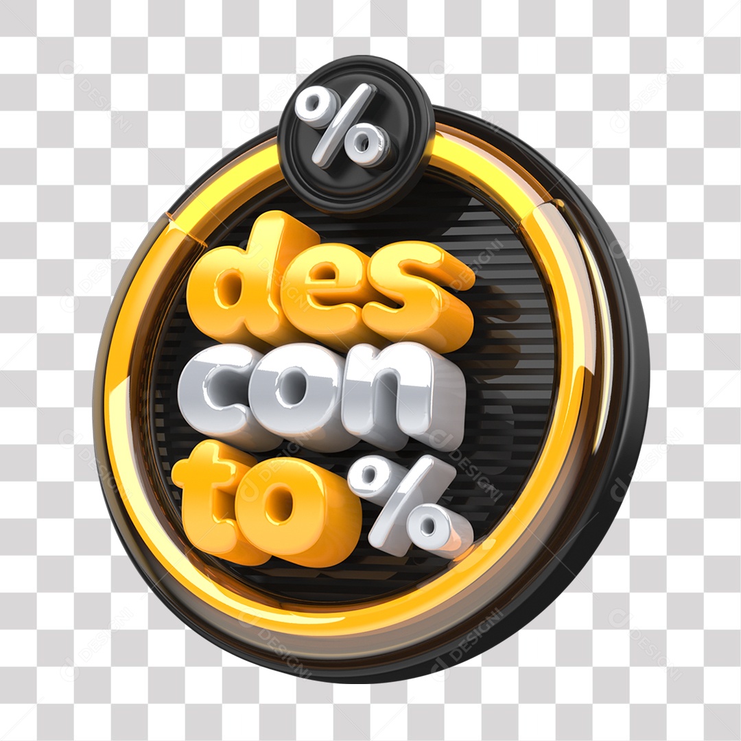 Desconto Selo 3D Amarelo Preto e Cinza para Composição PNG Transparente