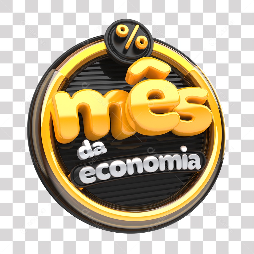 Mês da Economia Selo 3D Amarelo Preto e Cinza para Composição PNG Transparente