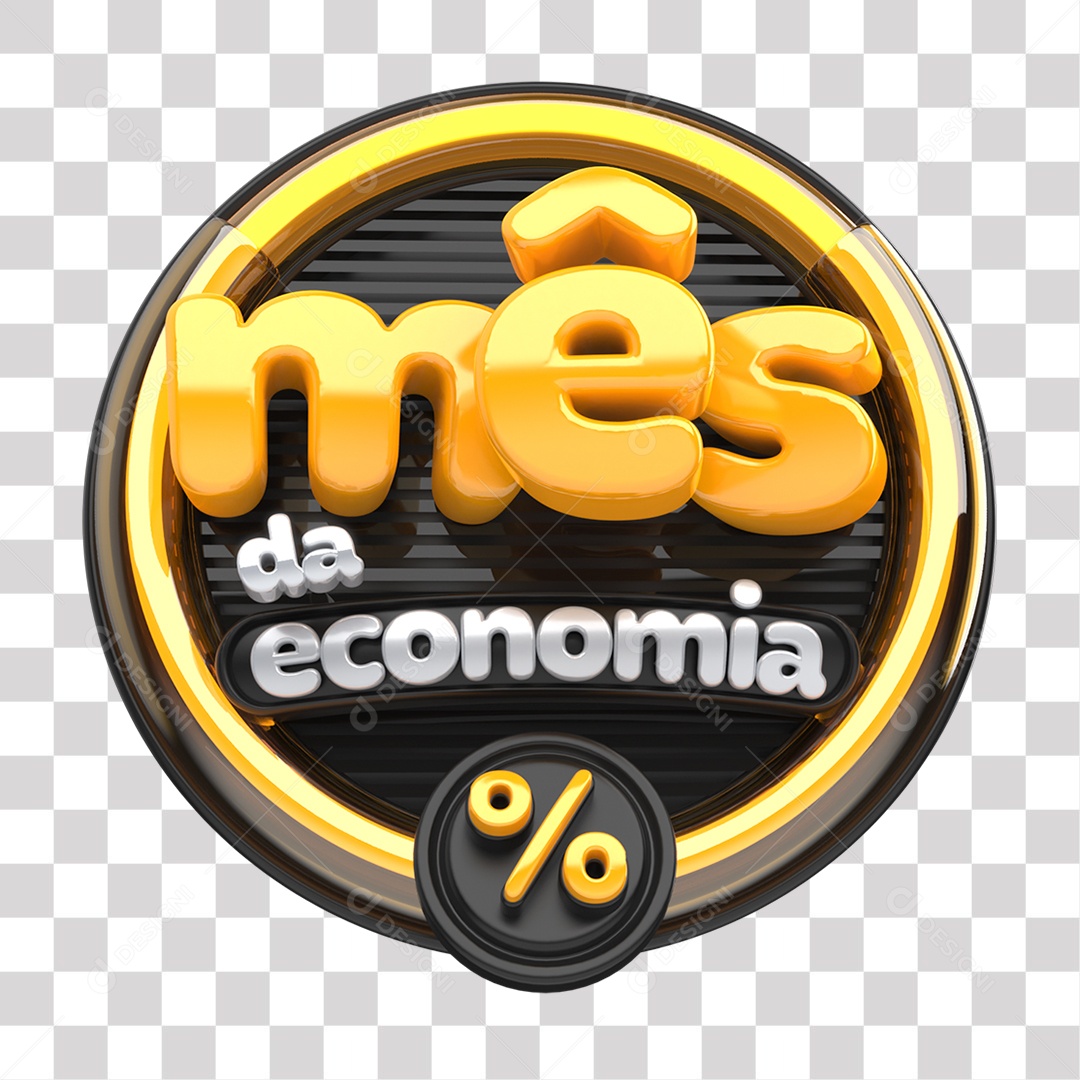 Mês da Economia Selo 3D Amarelo Preto e Cinza para Composição PNG Transparente