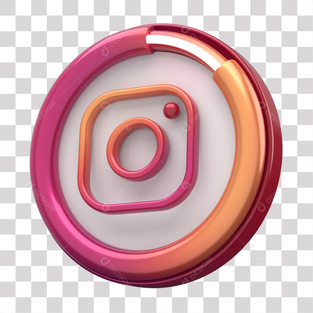 Ícone do Instagram Elemento 3D Laranja Rosa e Branco para Composição PNG Transparente