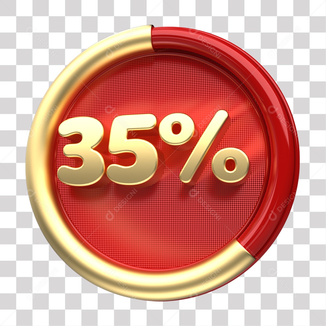 Elemento 3D Número 35% Porcento de Desconto Dourado e Vermelho para Composição PNG Transparente