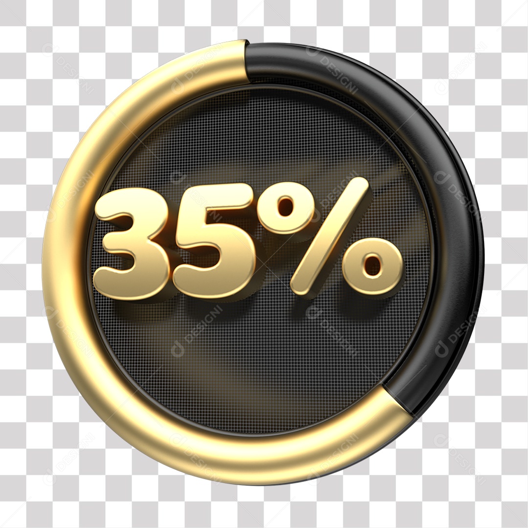 Elemento 3D Número 35% Porcento de Desconto Dourado e Preto para Composição PNG Transparente