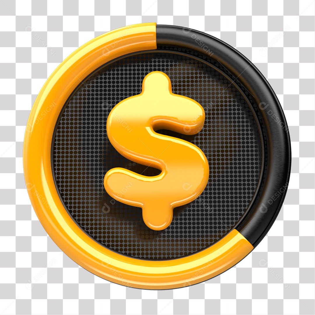 Elemento 3D Símbolo de Cifrão Amarelo e Preto para Composição PNG Transparente