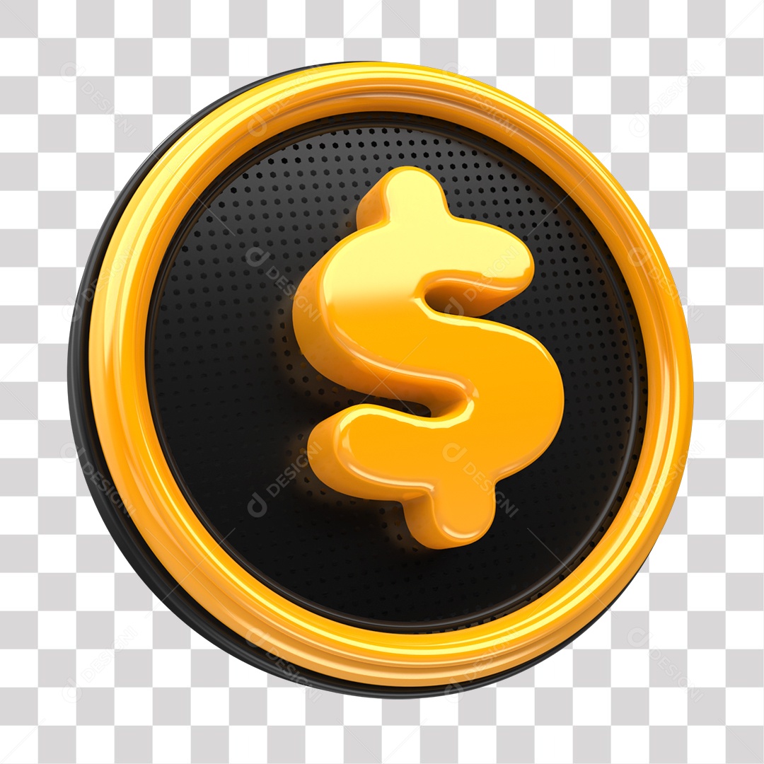 Símbolo de Cifrão Elemento 3D Amarelo e Preto para Composição PNG Transparente