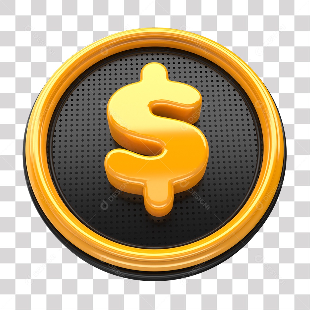 Símbolo de Cifrão Elemento 3D Amarelo e Preto para Composição PNG Transparente