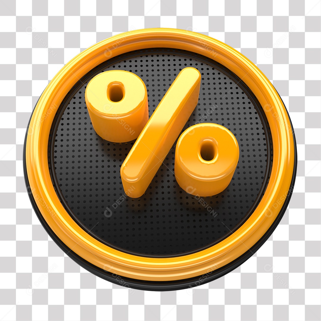 Símbolo de Porcentagem Elemento 3D Amarelo e Preto para Composição PNG Transparente
