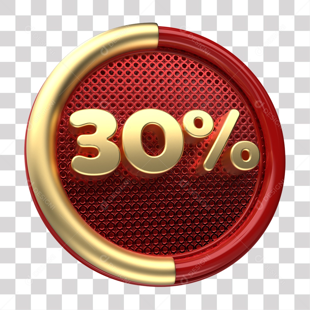 Número 30% Porcento de Desconto Elemento 3D Dourado e Vermelho para Composição PNG Transparente