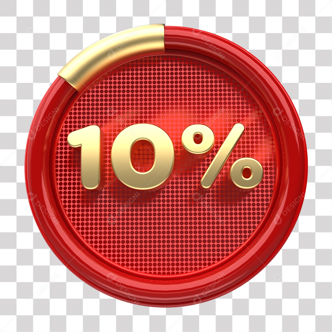 Número 10% Porcento de Desconto Elemento 3D Dourado e Vermelho para Composição PNG Transparente