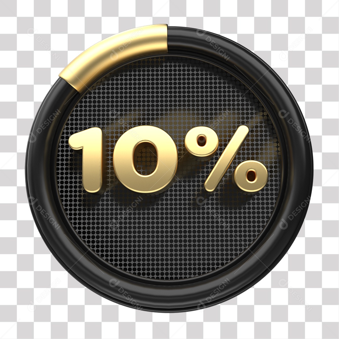 Número 10% Porcento de Desconto Elemento 3D Dourado e Preto para Composição PNG Transparente