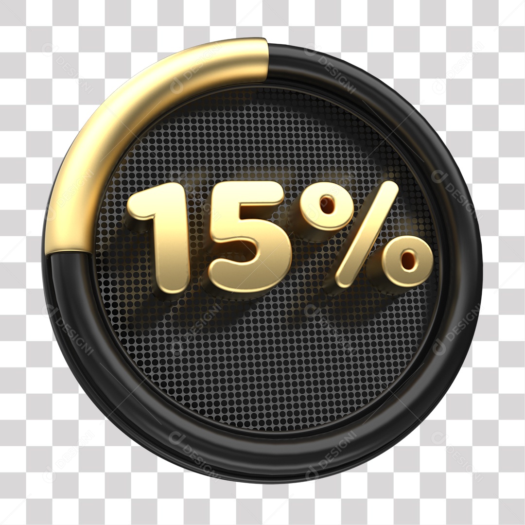 Número 15% Porcento de Desconto Elemento 3D Dourado e Preto para Composição PNG Transparente