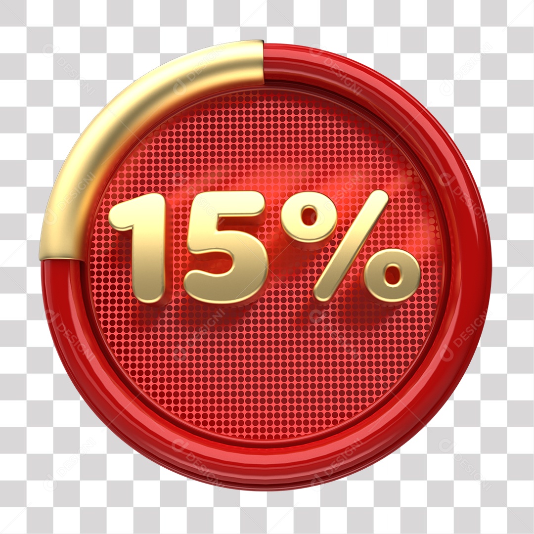 Número 15% Porcento de Desconto Elemento 3D Dourado e Vermelho para Composição PNG Transparente