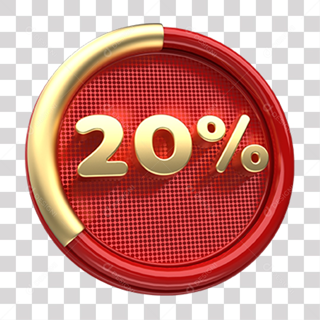 Número 20% Porcento de Desconto Elemento 3D Dourado e Vermelho para Composição PNG Transparente
