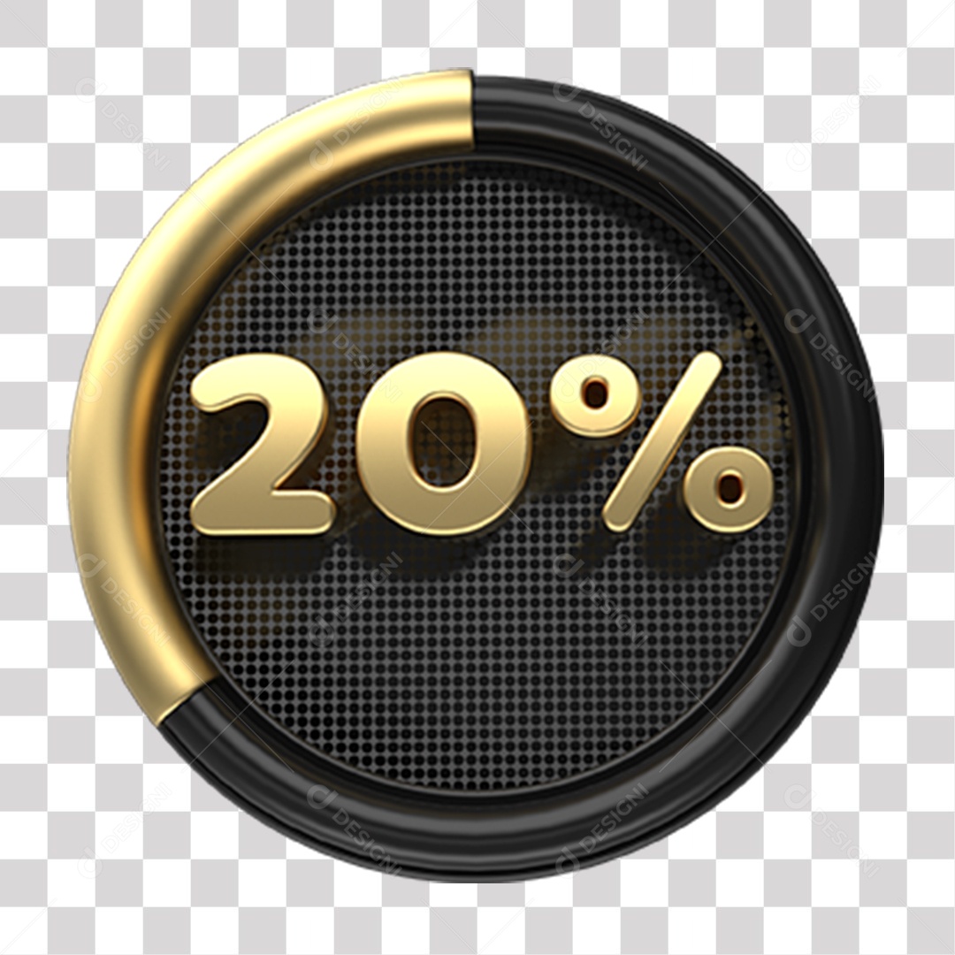 Número 20% Porcento de Desconto Elemento 3D Dourado e Preto para Composição PNG Transparente