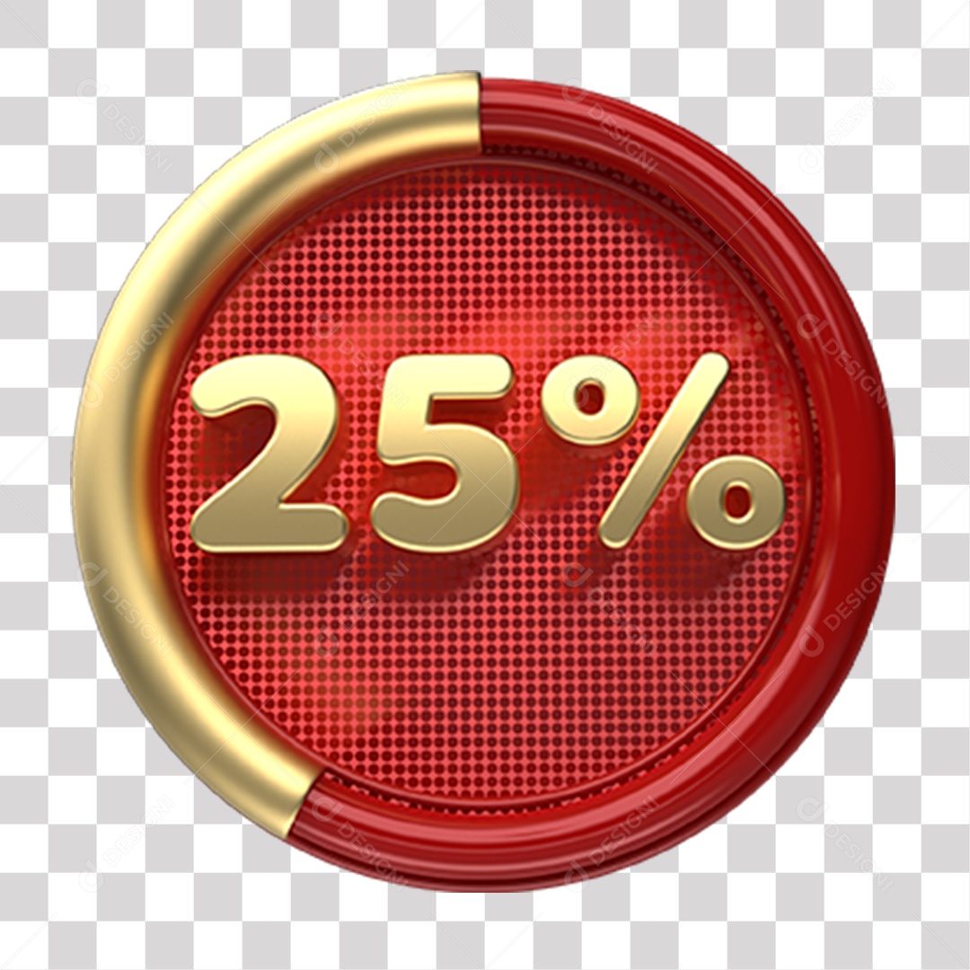 Número 25% Porcento de Desconto Elemento 3D Dourado e Vermelho para Composição PNG Transparente