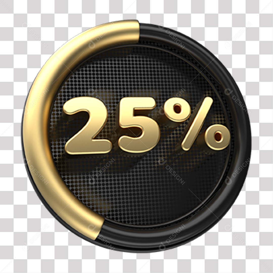 Número 25% Porcento de Desconto Elemento 3D Dourado e Preto para Composição PNG Transparente