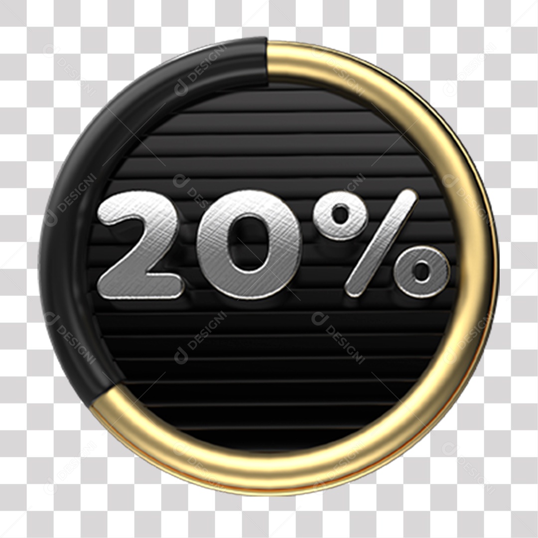 Número 20% Porcento de Desconto Elemento 3D Cinza Dourado e Preto para Composição PNG Transparente