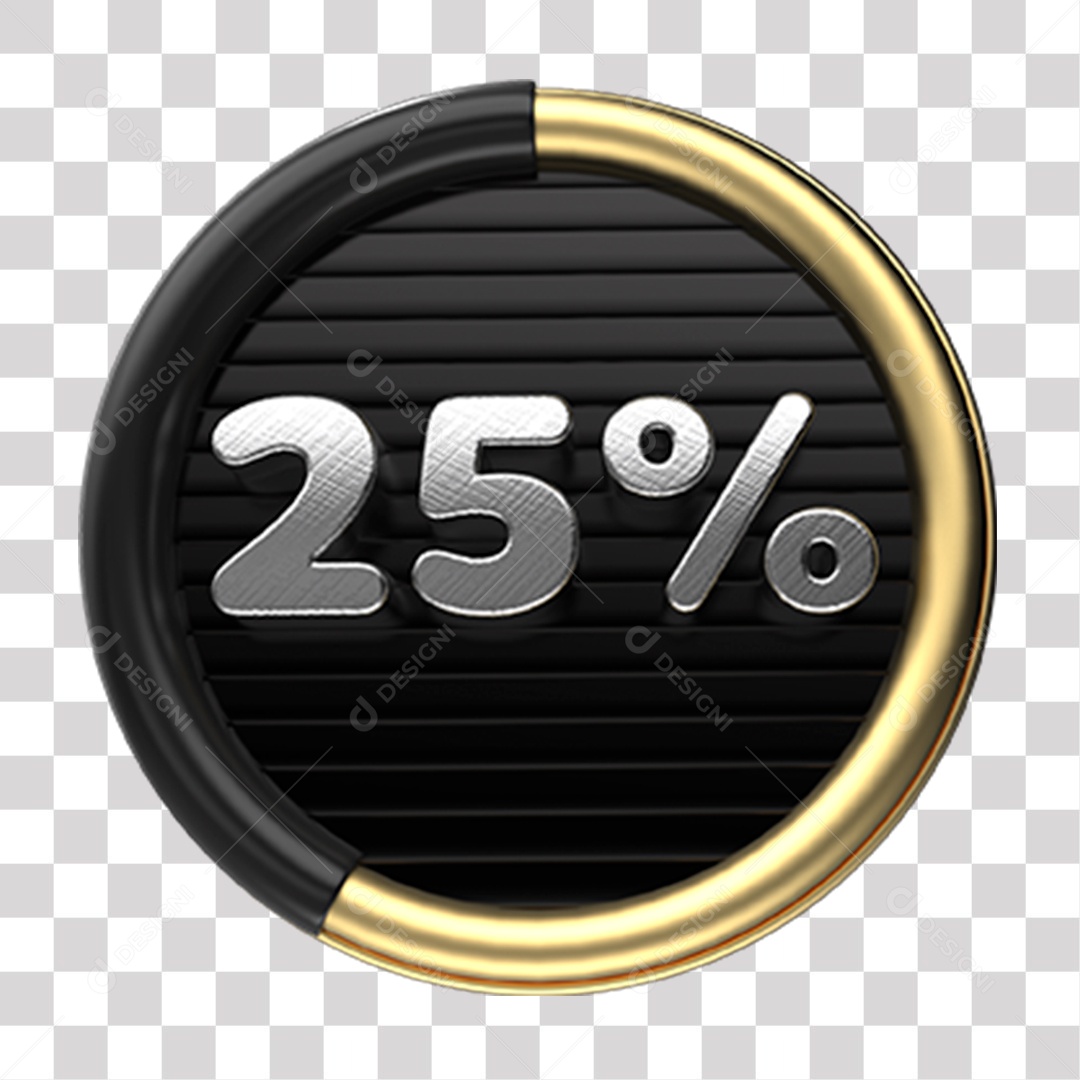 Número 25% Porcento de Desconto Elemento 3D Cinza Dourado e Preto para Composição PNG Transparente