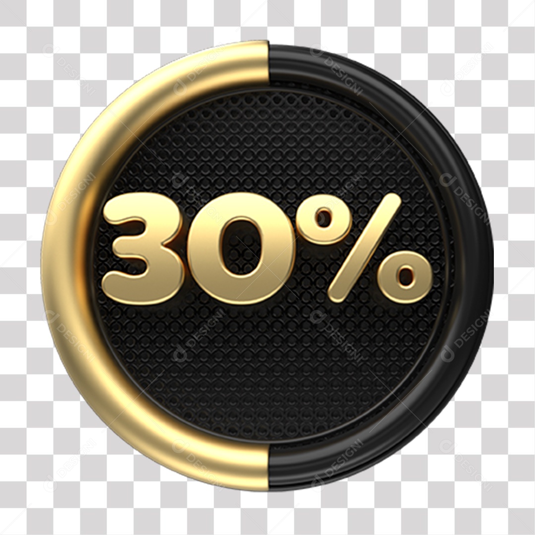 Número 30% Porcento de Desconto Elemento 3D Dourado e Preto para Composição PNG Transparente
