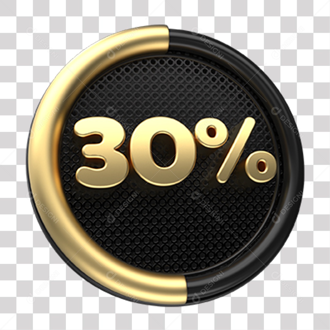 Número 30% Porcento de Desconto Elemento 3D Dourado e Preto para Composição PNG Transparente