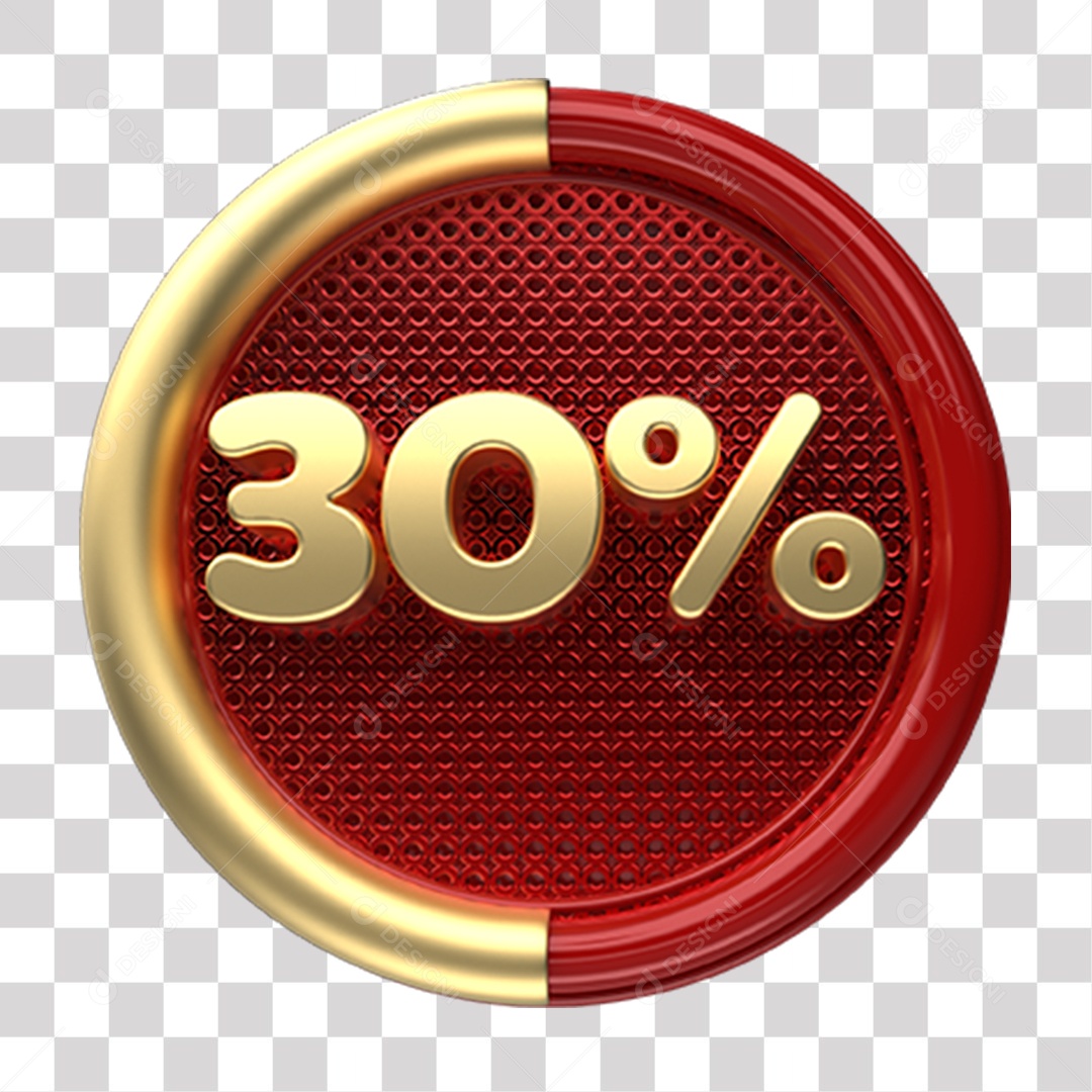 Número 30% Porcento de Desconto Elemento 3D Dourado e Vermelho para Composição PNG Transparente