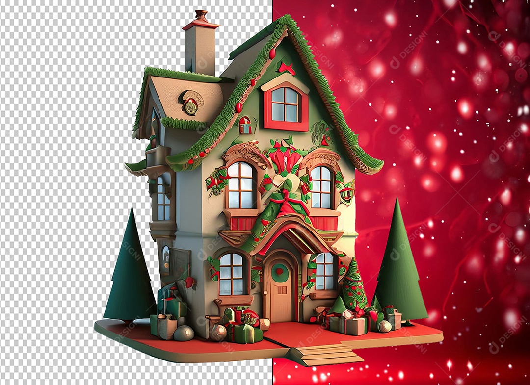 Casa com Decoração Natalina Elemento 3D de Natal para Composição PSD