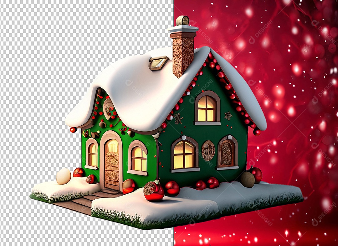 Casa Verde com Decoração Natalina Elemento 3D de Natal para Composição PSD