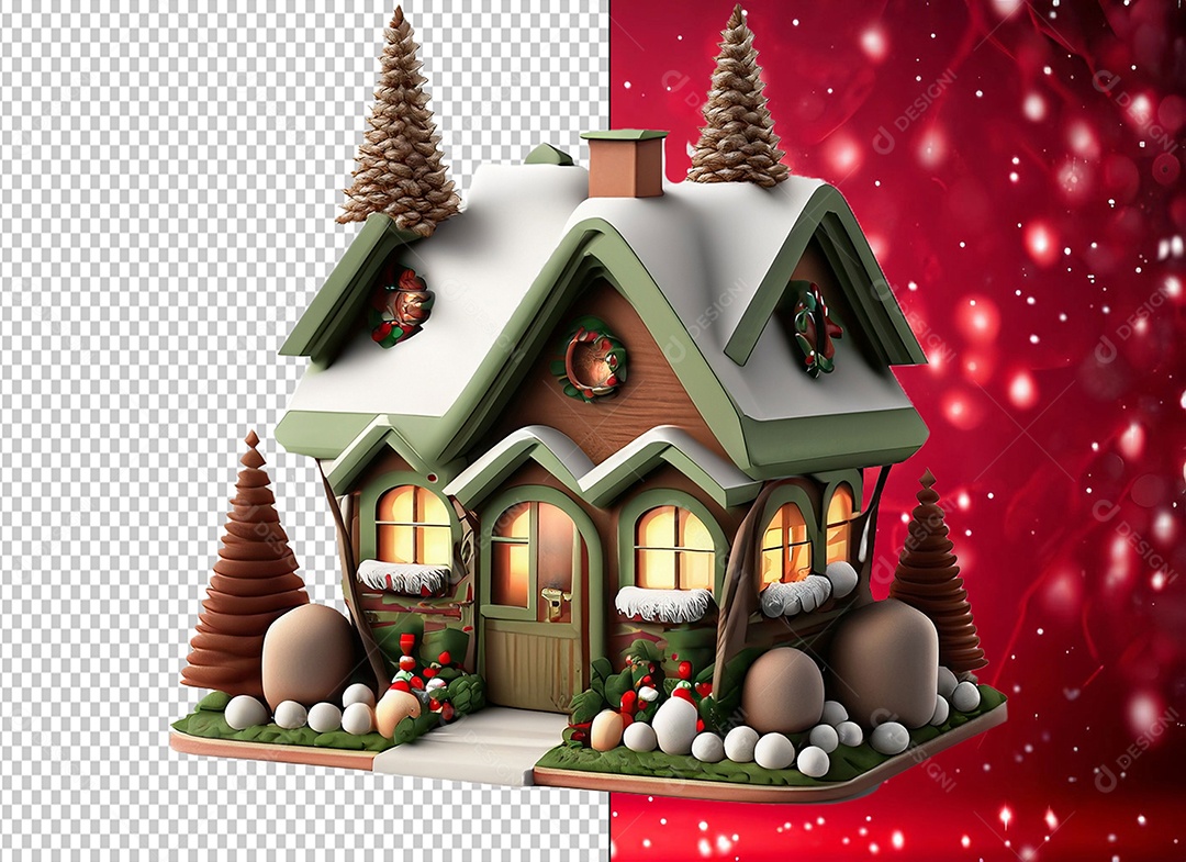 Casa com Decoração Natalina Elemento 3D de Natal para Composição PSD