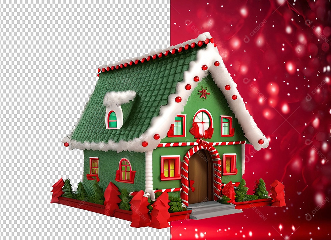Casa Verde com Decoração Natalina Elemento 3D de Natal para Composição PSD