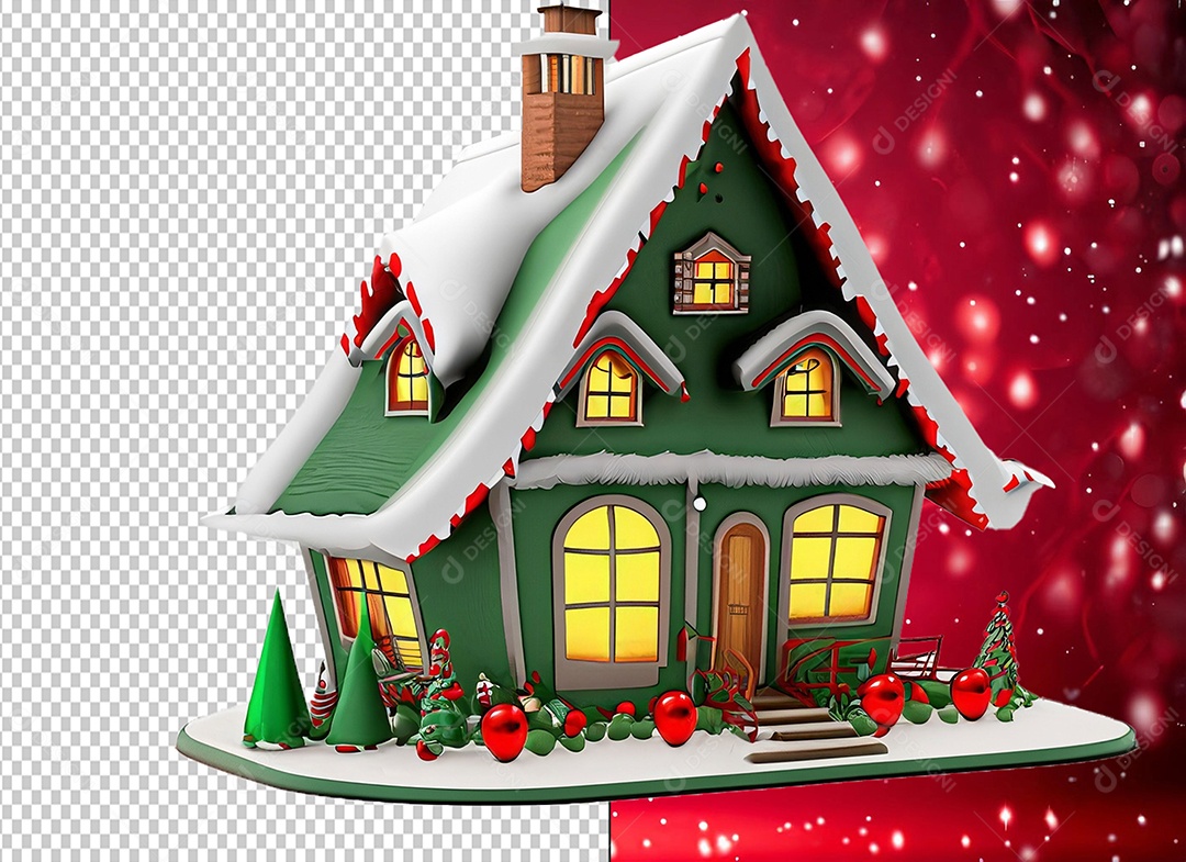 Elemento 3D Casa Verde com Decoração Natalina de Natal para Composição PSD