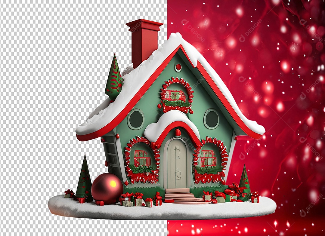 Elemento 3D Casa com Decoração Natalina para Composição PSD