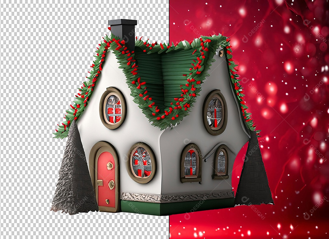 Elemento 3D Casa com Decoração Natalina para Composição PSD