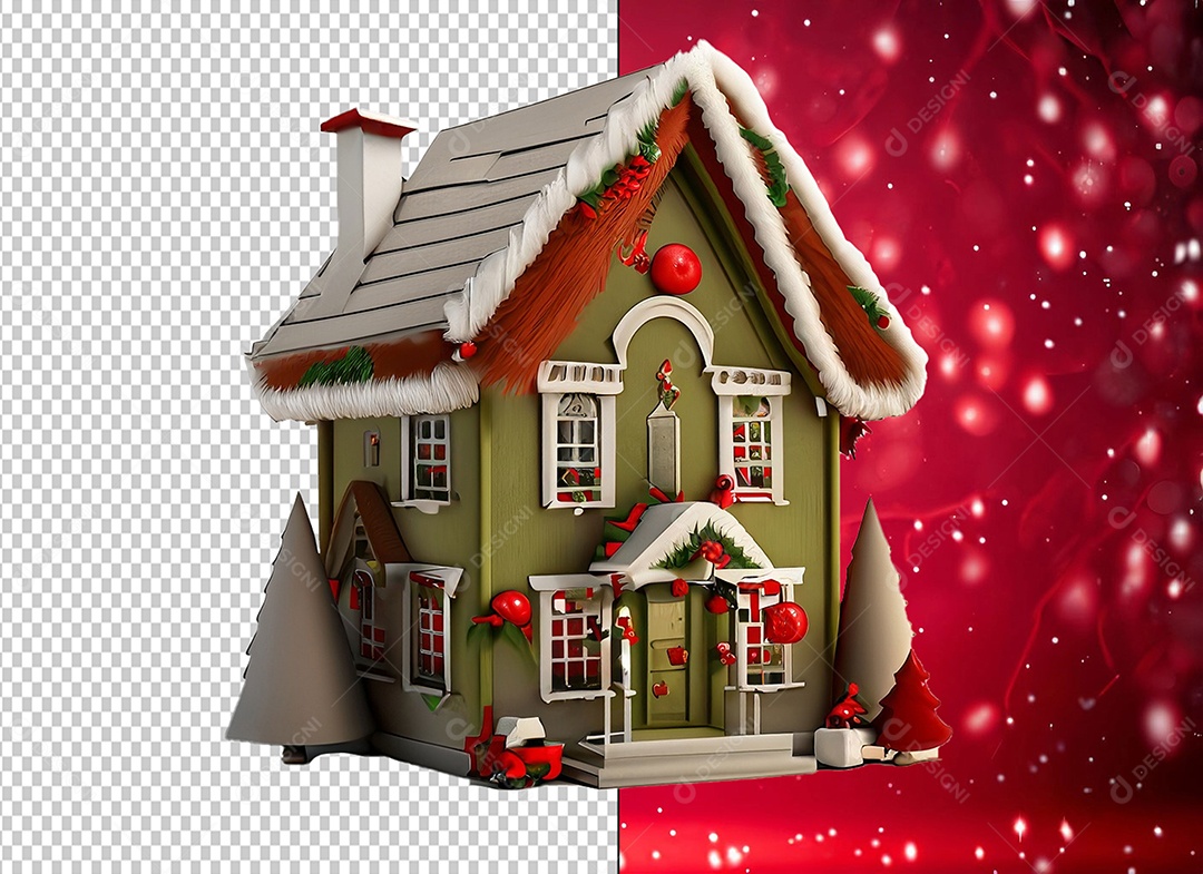 Elemento 3D Casa com Decoração Natalina para Composição PSD