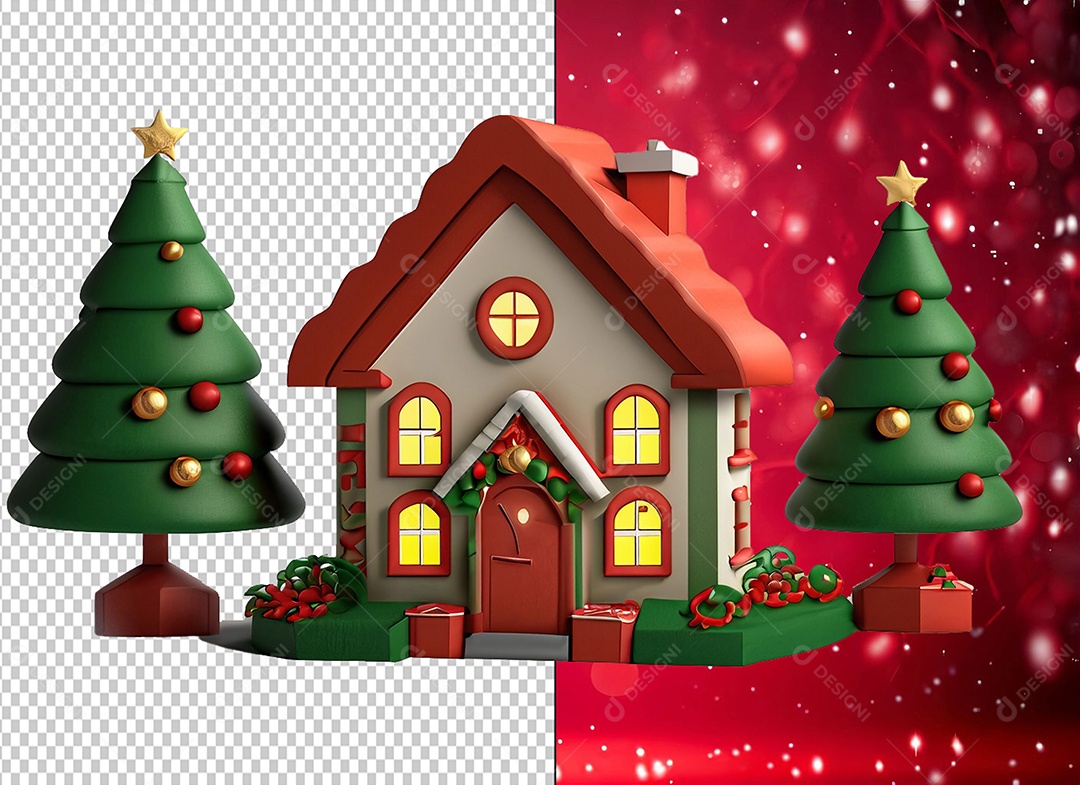 Casa com Decoração Natalina e Árvores de Natal Elemento 3D para Composição PSD