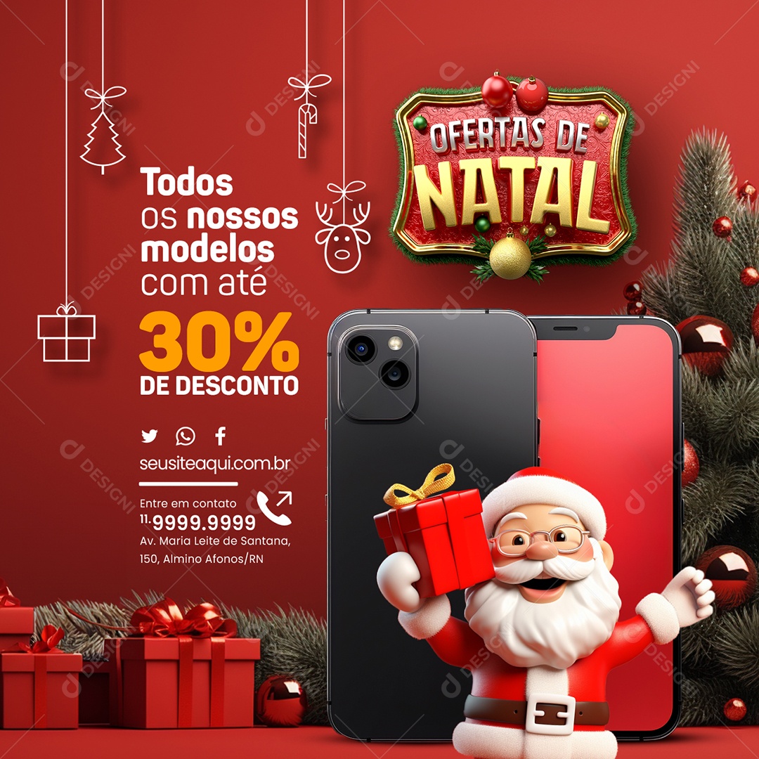 Loja de Celulares Informativos Ofertas de Natal Todos os Modelos com Até 30% de Desconto Social Media PSD Editável