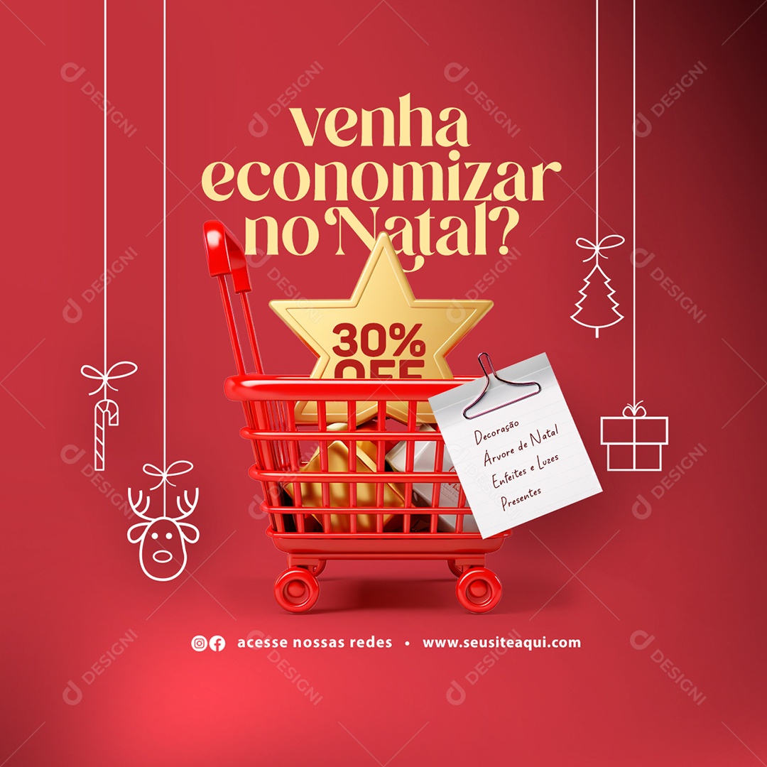 Loja Informativos Venha Economizar no Natal 30% Off Decoração Árvore de Natal Enfeites Social Media PSD Editável