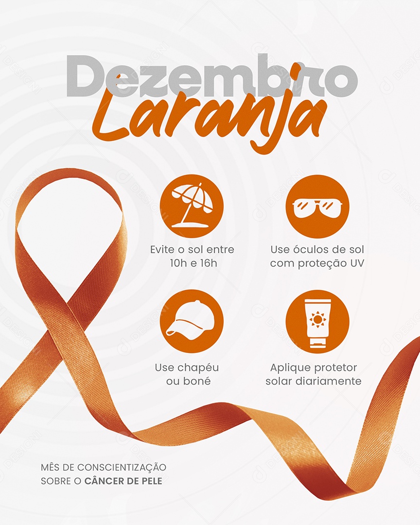 Dezembro Laranja Evite Sol Use Óculos Chapéu ou Boné Aplique Protetor Solar Social Media PSD Editável