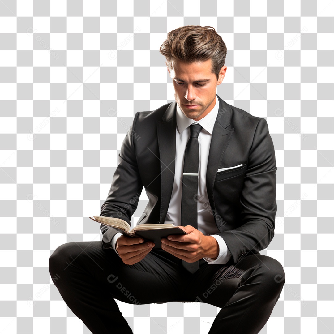Homem de Terno Lendo Livros PNG Transparente