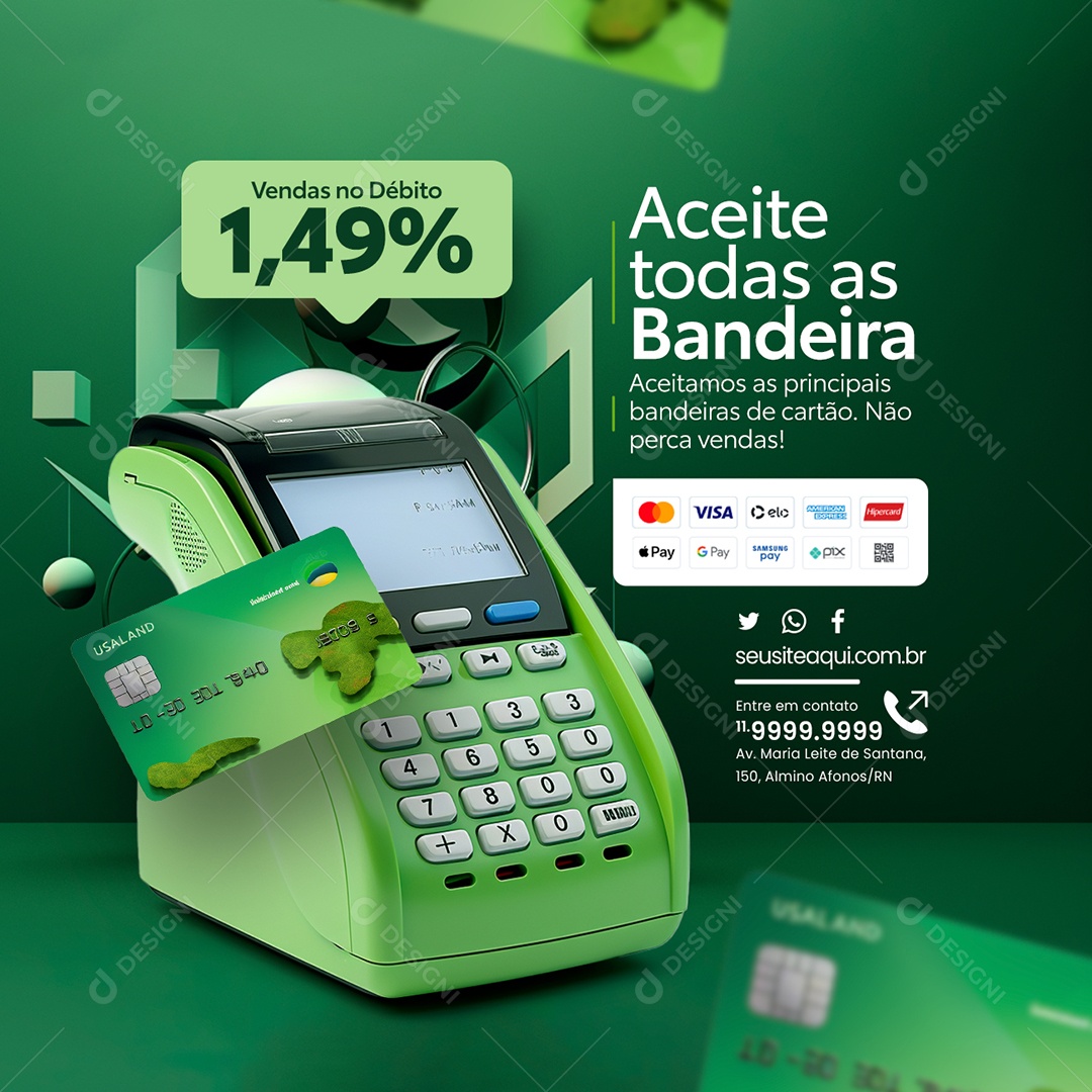 Cartão Vendas no Débito Aceita Todas as Bandeira Social Media PSD Editável