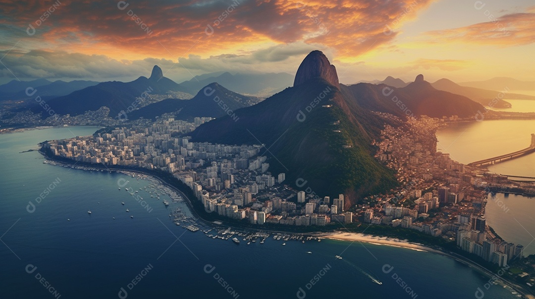 Visão aérea da cidade do Rio de Janeiro pão de açúcar no por do sol