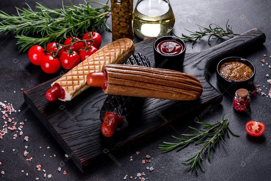 Deliciosos cachorros-quentes frescos com vários tipos de pães e salsichas. Fast food, comida não saudável