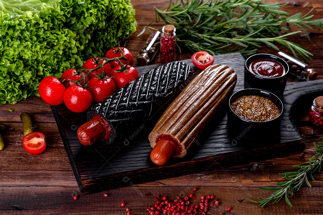 Deliciosos cachorros-quentes frescos com vários tipos de pães e salsichas. Fast food, comida não saudável