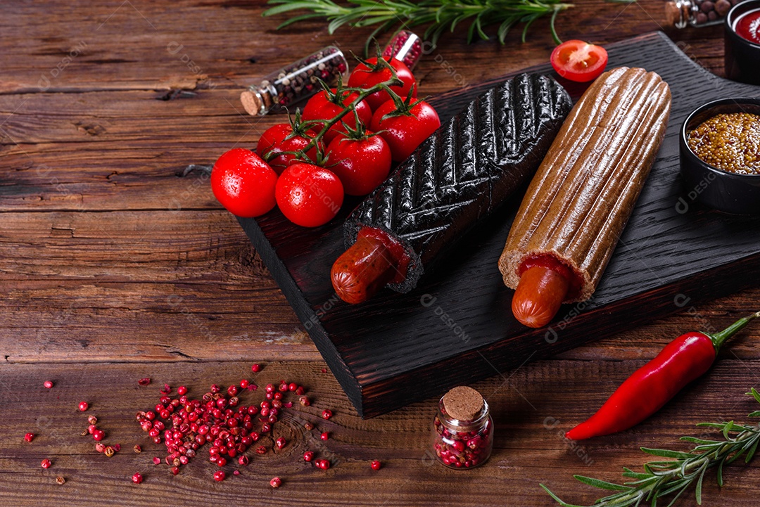 Deliciosos cachorros-quentes frescos com vários tipos de pães e salsichas. Fast food, comida não saudável