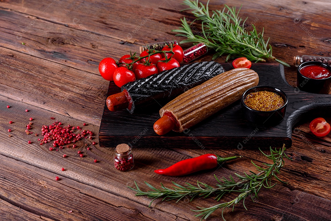 Deliciosos cachorros-quentes frescos com vários tipos de pães e salsichas. Fast food, comida não saudável